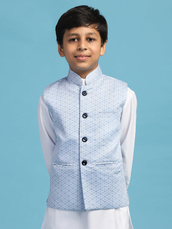 Boys Light Blue Printed Nehru Jacket
