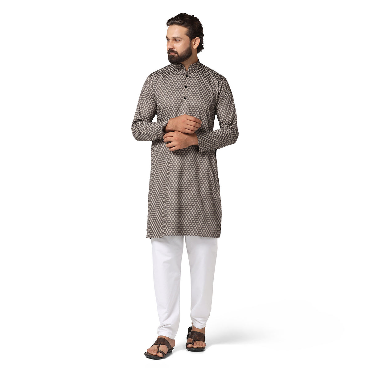 Men Brown Printed Kurta Set