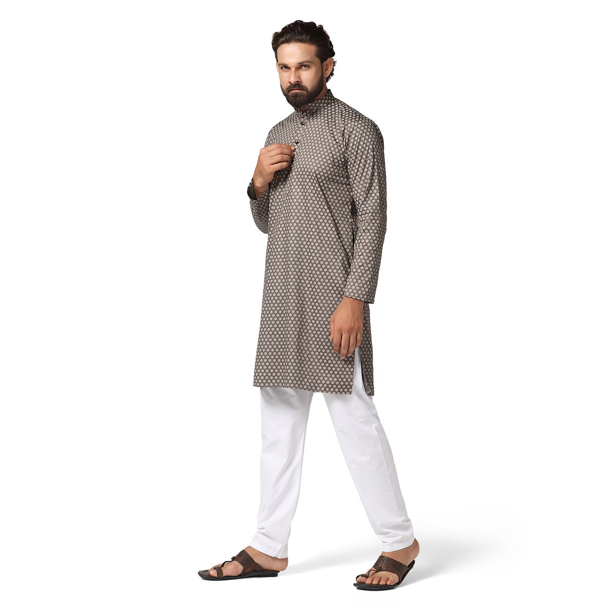 Men Brown Printed Kurta Set
