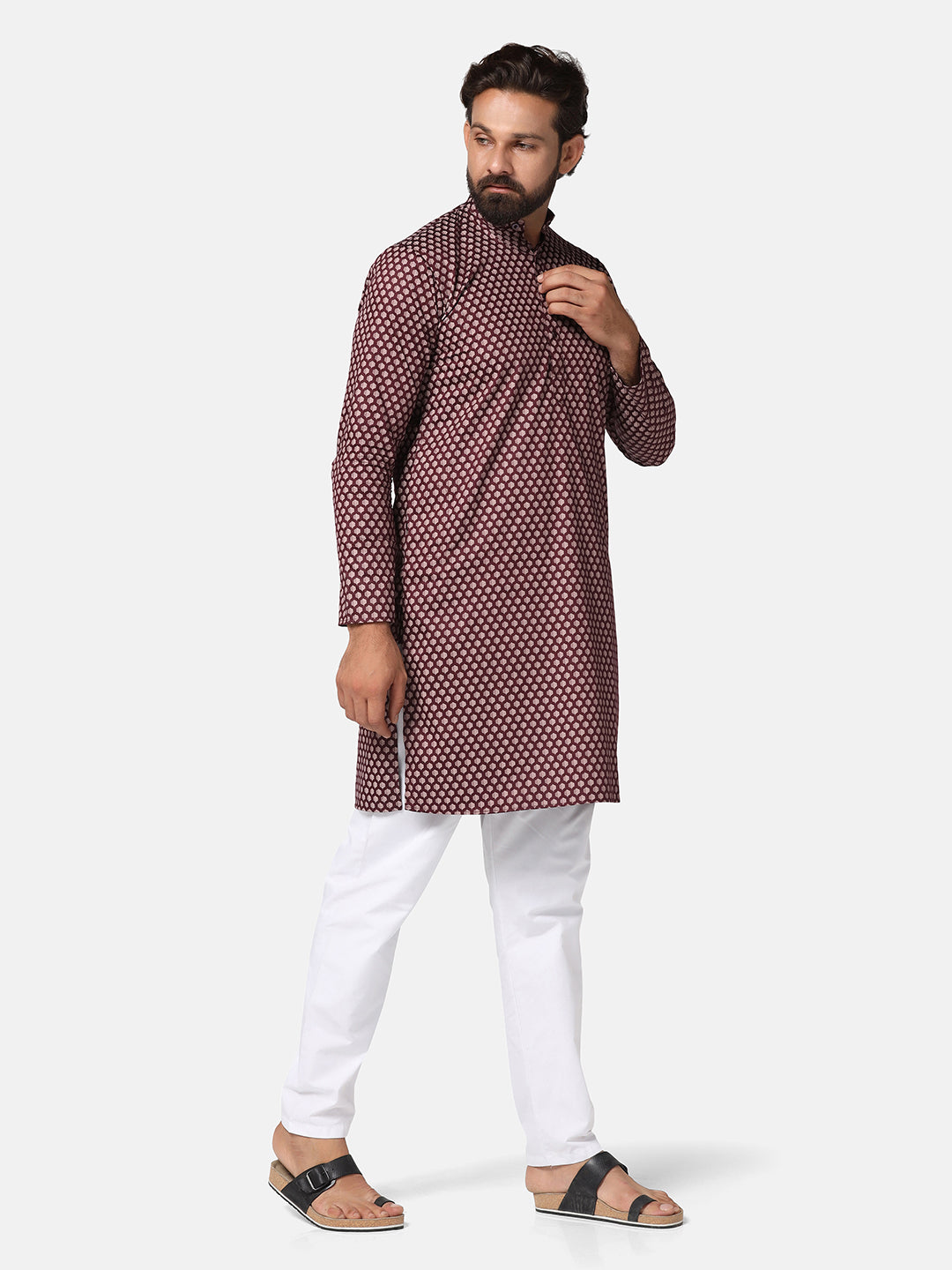 Men Maroon Solid Printed Kurta Set - Tahvo India