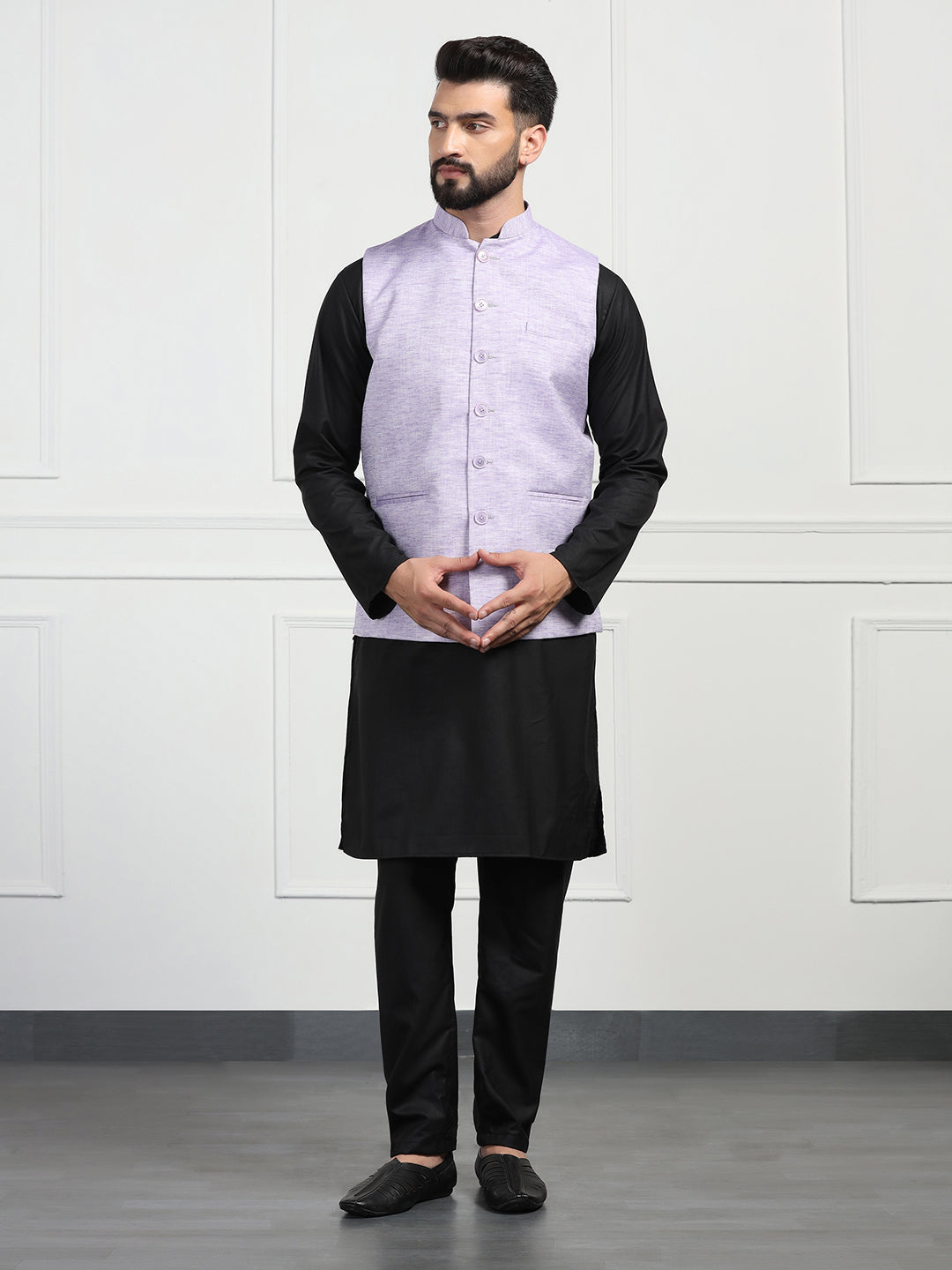Men Linen Nehru Jacket With Black Kurta Pajyama - Tahvo India