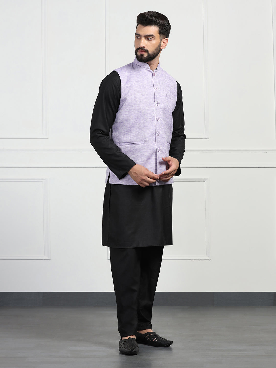 Men Linen Nehru Jacket With Black Kurta Pajyama - Tahvo India