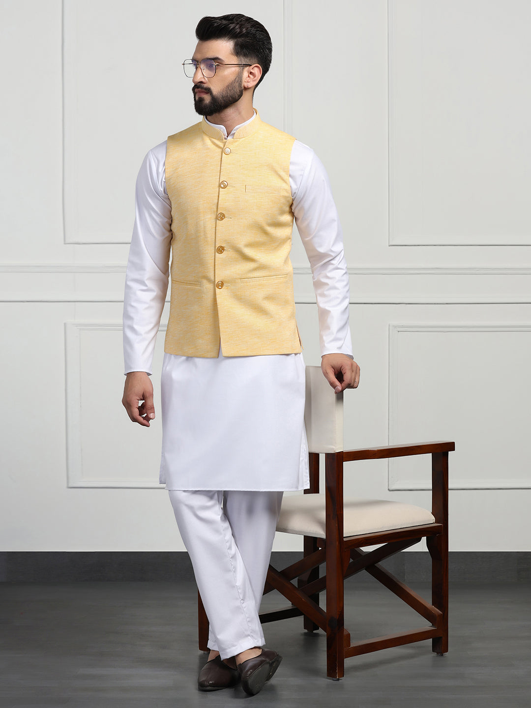 Men Linen Nehru Jacket With Black Kurta Pajyama - Tahvo India