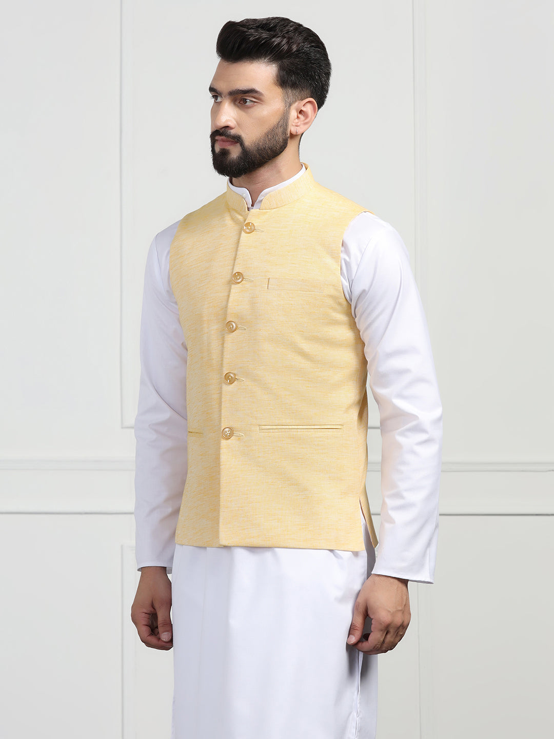 Men Linen Nehru Jacket With Black Kurta Pajyama - Tahvo India