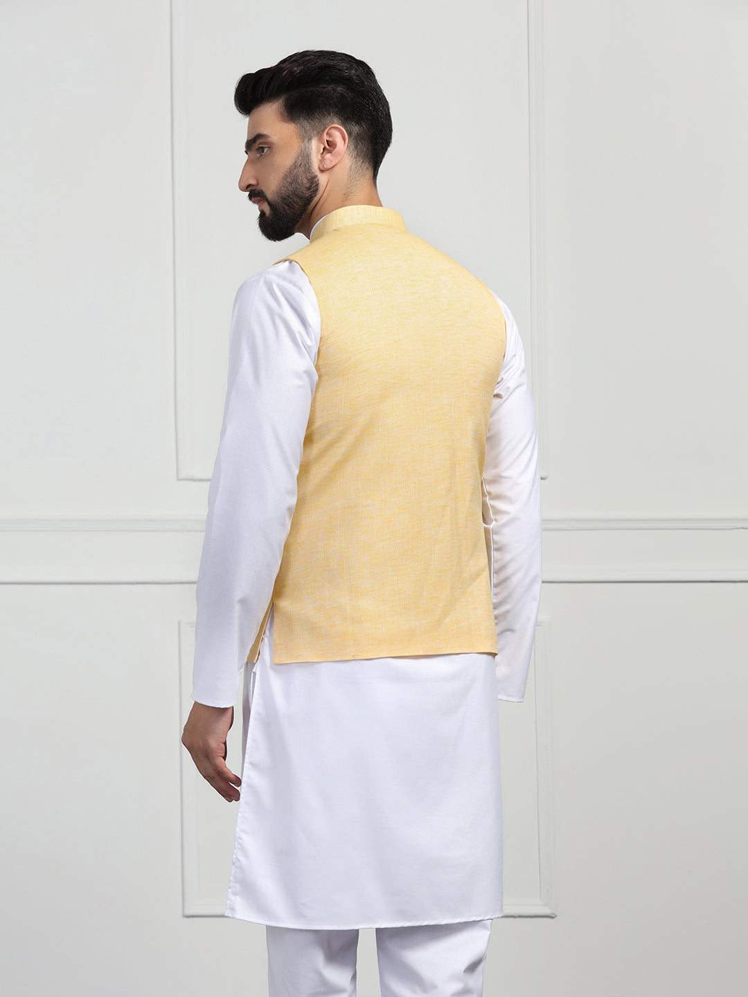Men Linen Nehru Jacket With Black Kurta Pajyama - Tahvo India