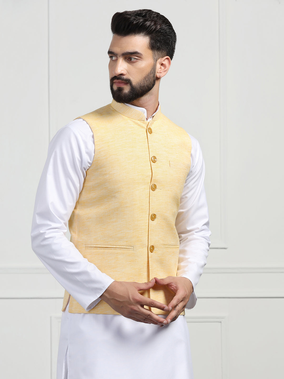 Men Linen Nehru Jacket With Black Kurta Pajyama - Tahvo India