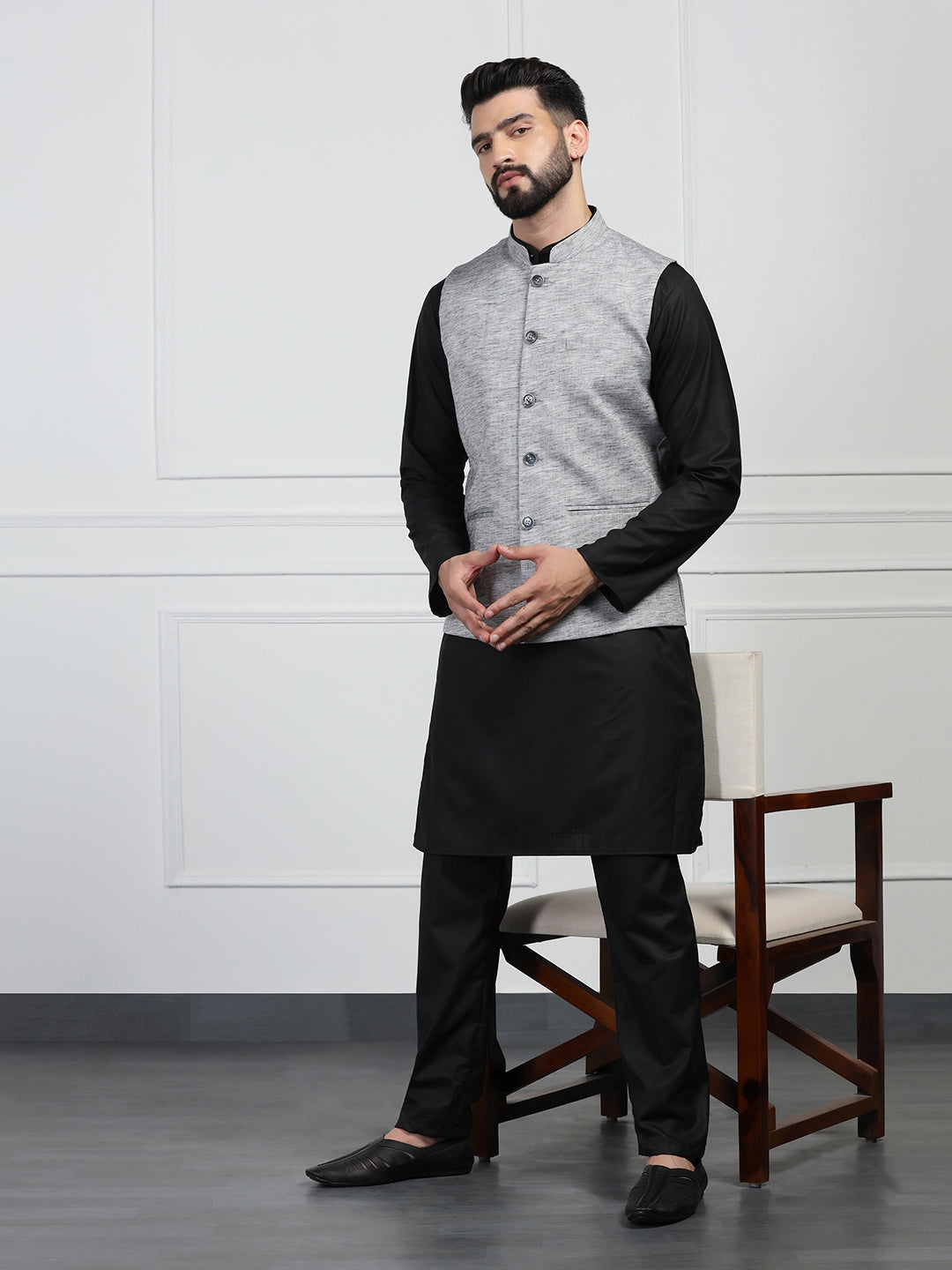 Men Linen Nehru Jacket With Black Kurta Pjyama - Tahvo India
