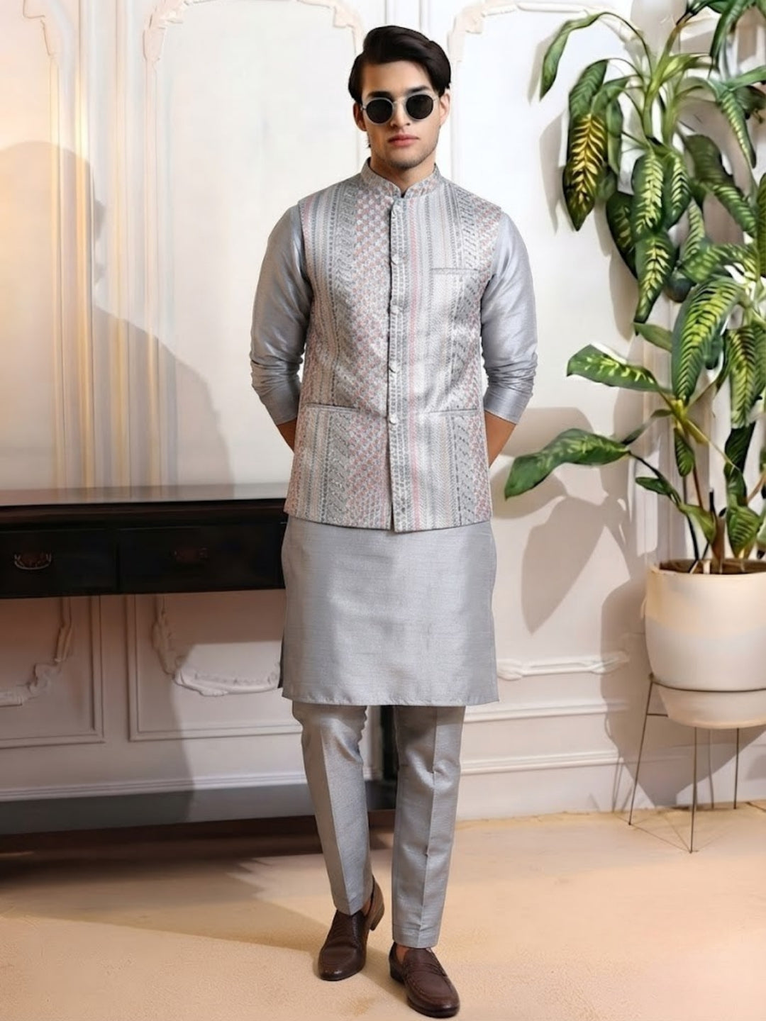 Grey embroidered Jacket with Kurta set