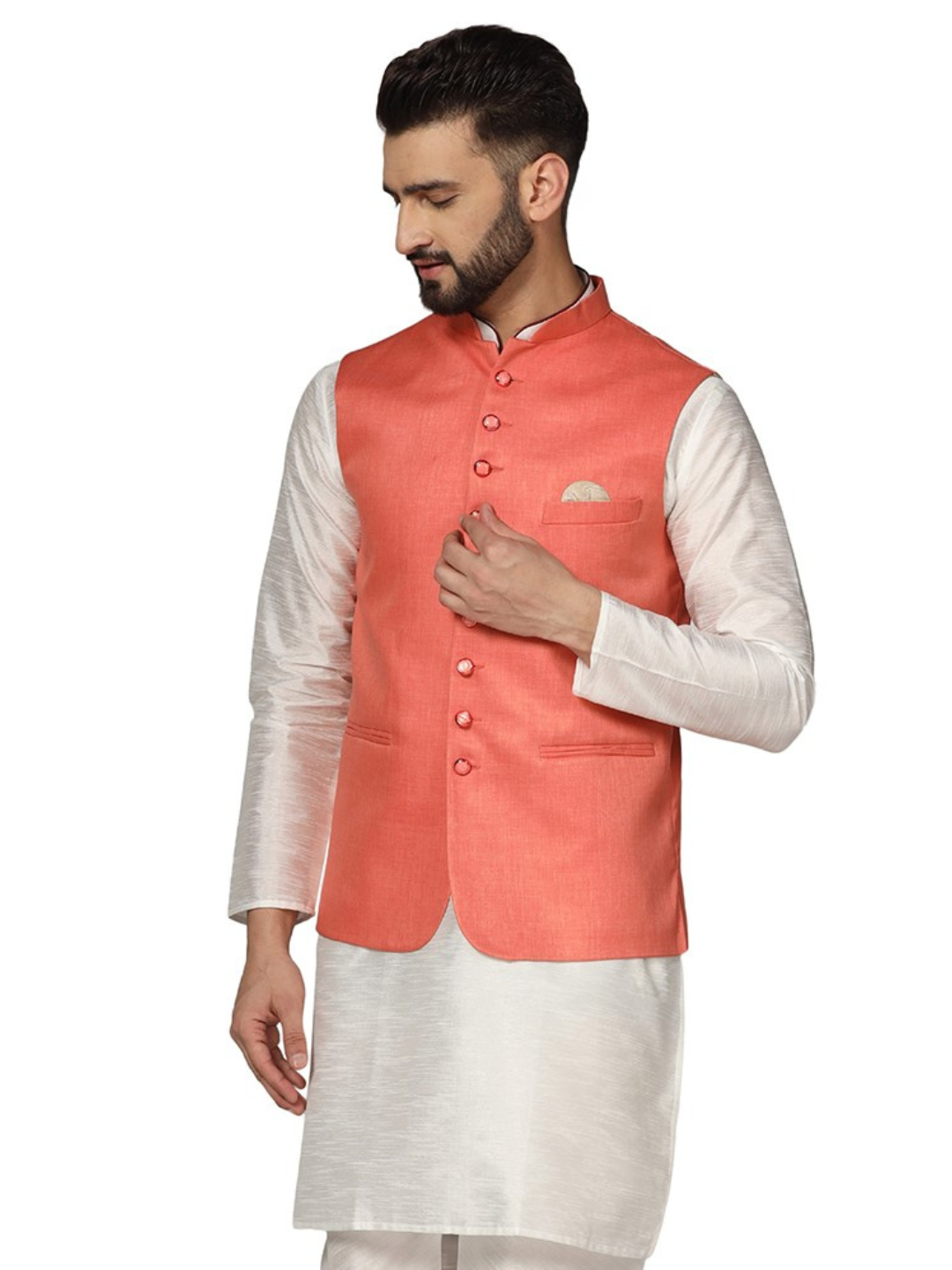Men Solid Peach Nehru Jacket