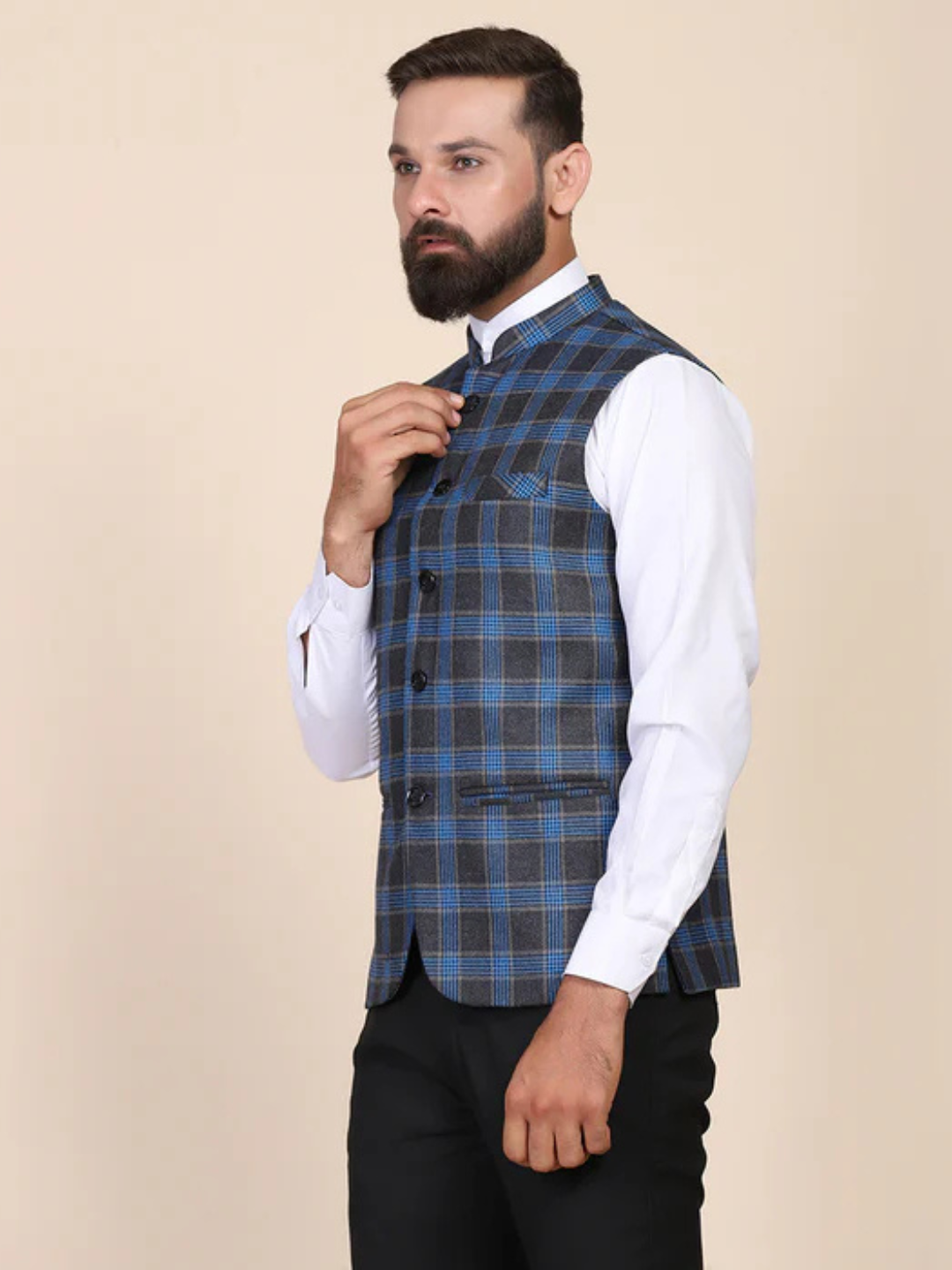 Men Blue Check Tweed Nehru Jacket