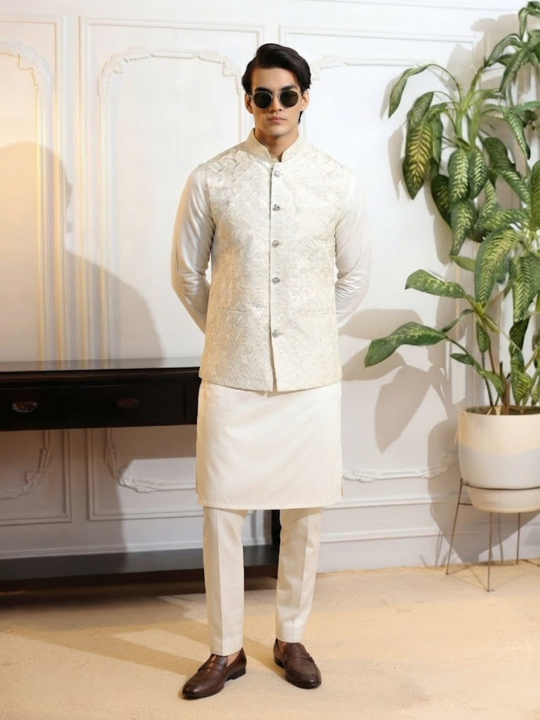 Men Embroidered Jacket With Kurta Pyjama