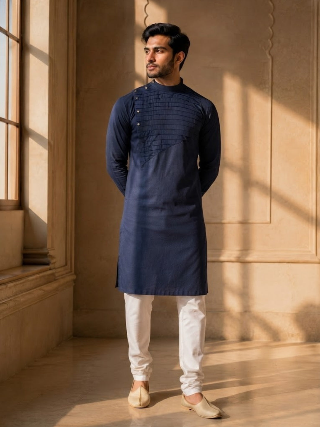 Men Navy Blue solid Kurta