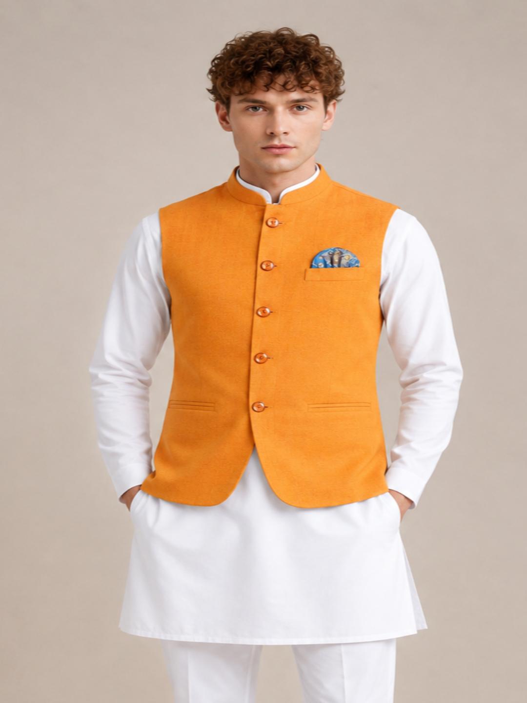 Men Orange Textured Nehru Jacket