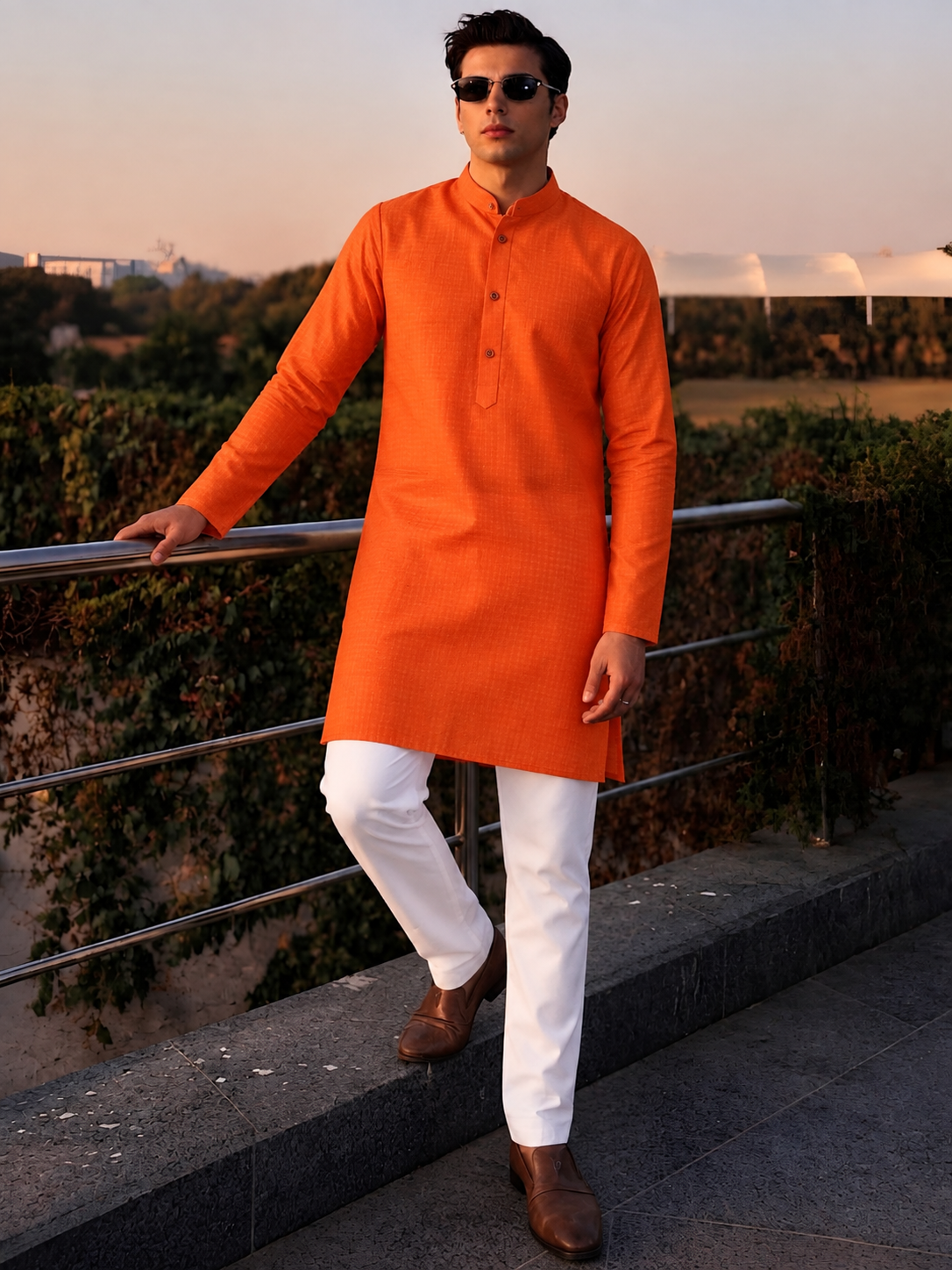 Men Orange Cotton Kurta