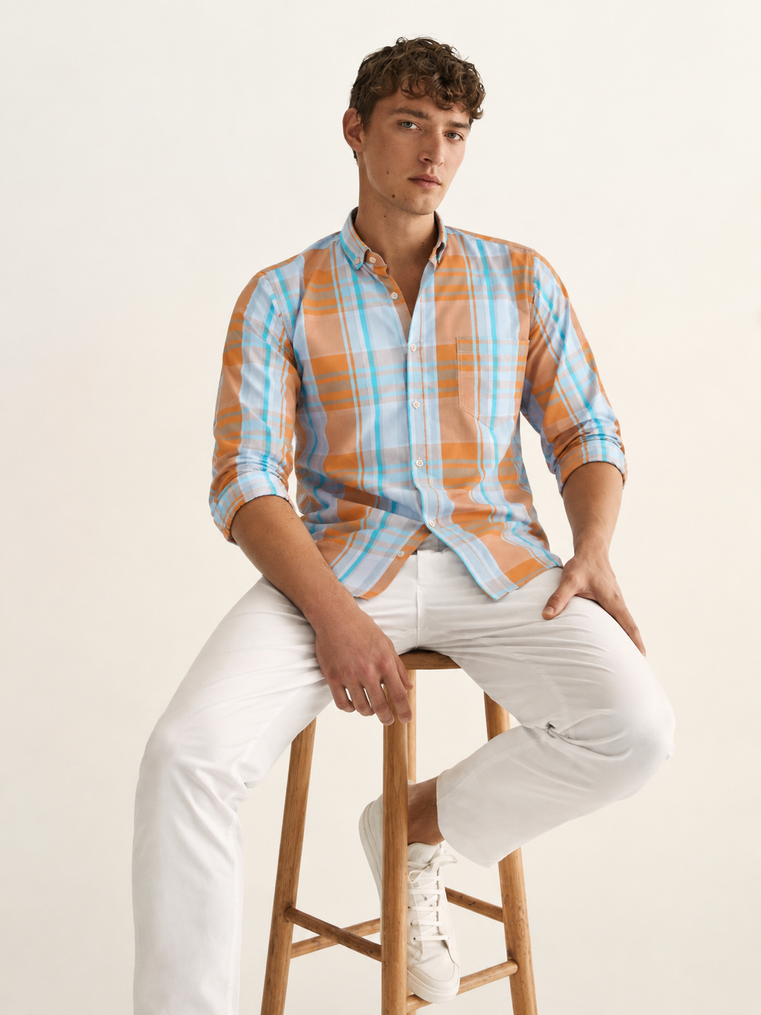Men Orange Checkered Casual Shirt