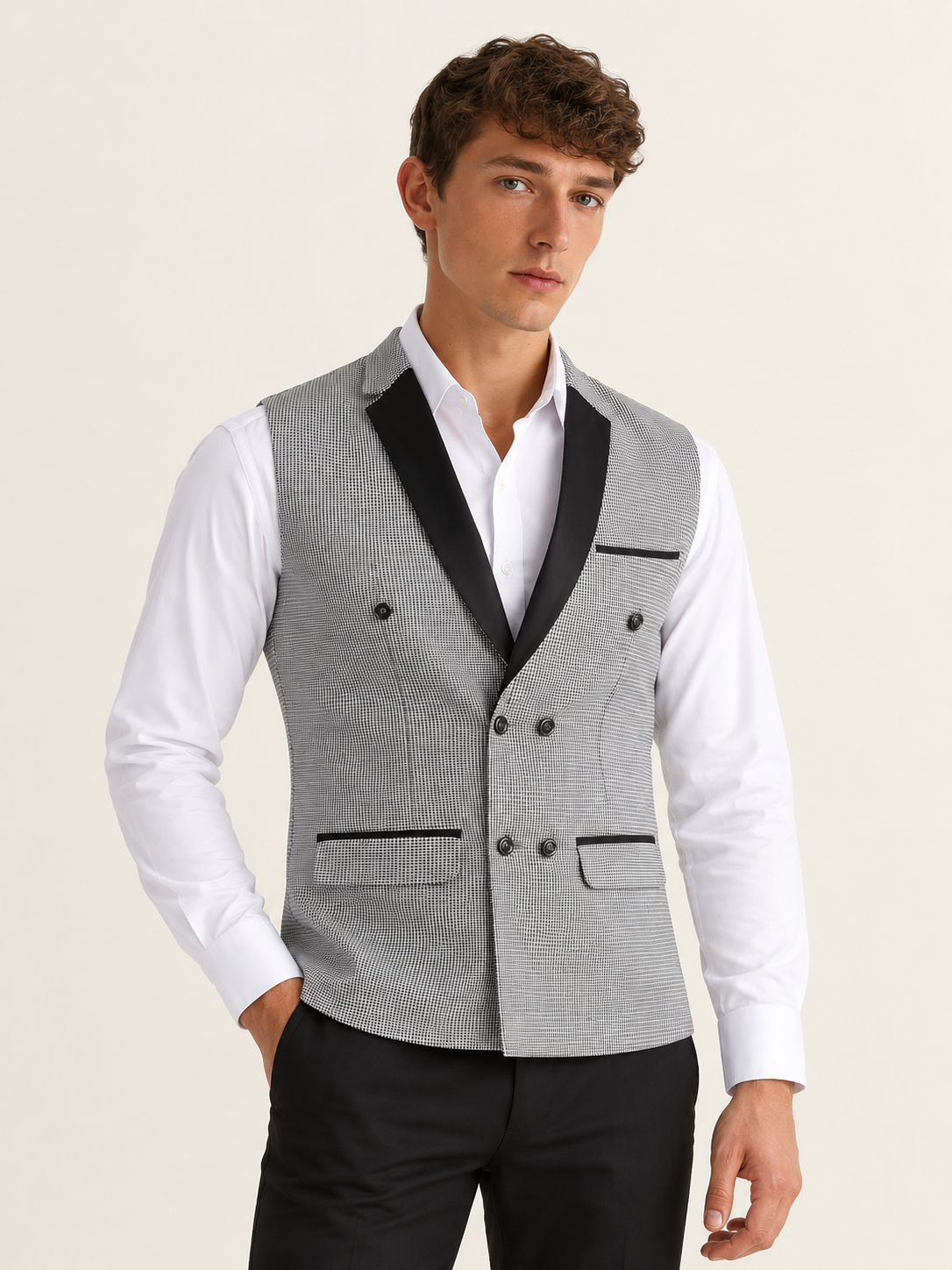 Men Black Check Waistcoat