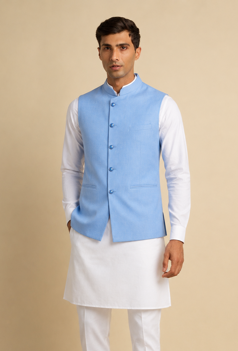 Men Blue Solid Nehru Jacket