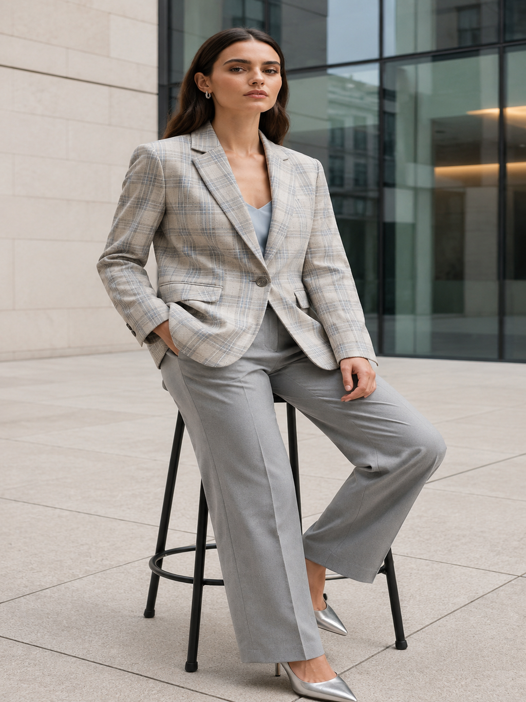 Women's Light Grey Tweed Checked Blazer