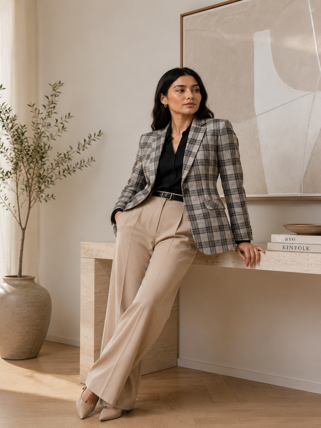 Women's Beige Tweed Checked Blazer