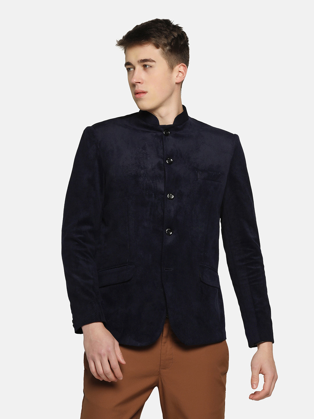 Men Blue Velvet Bandgala Blazer - Tahvo India