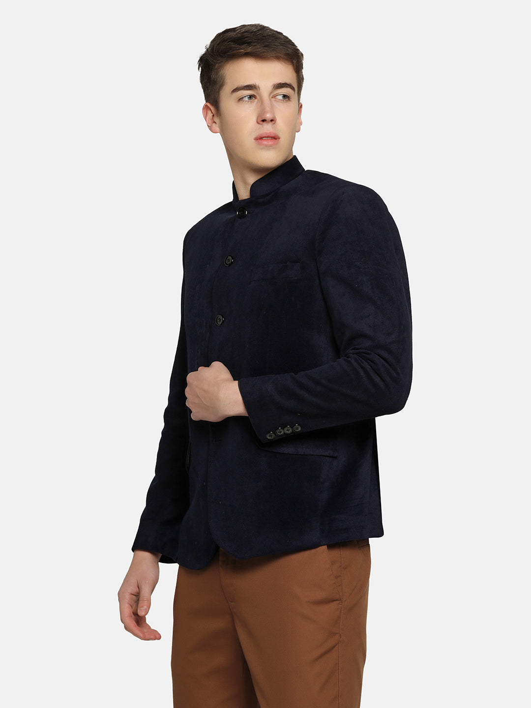 Men Blue Velvet Bandgala Blazer - Tahvo India