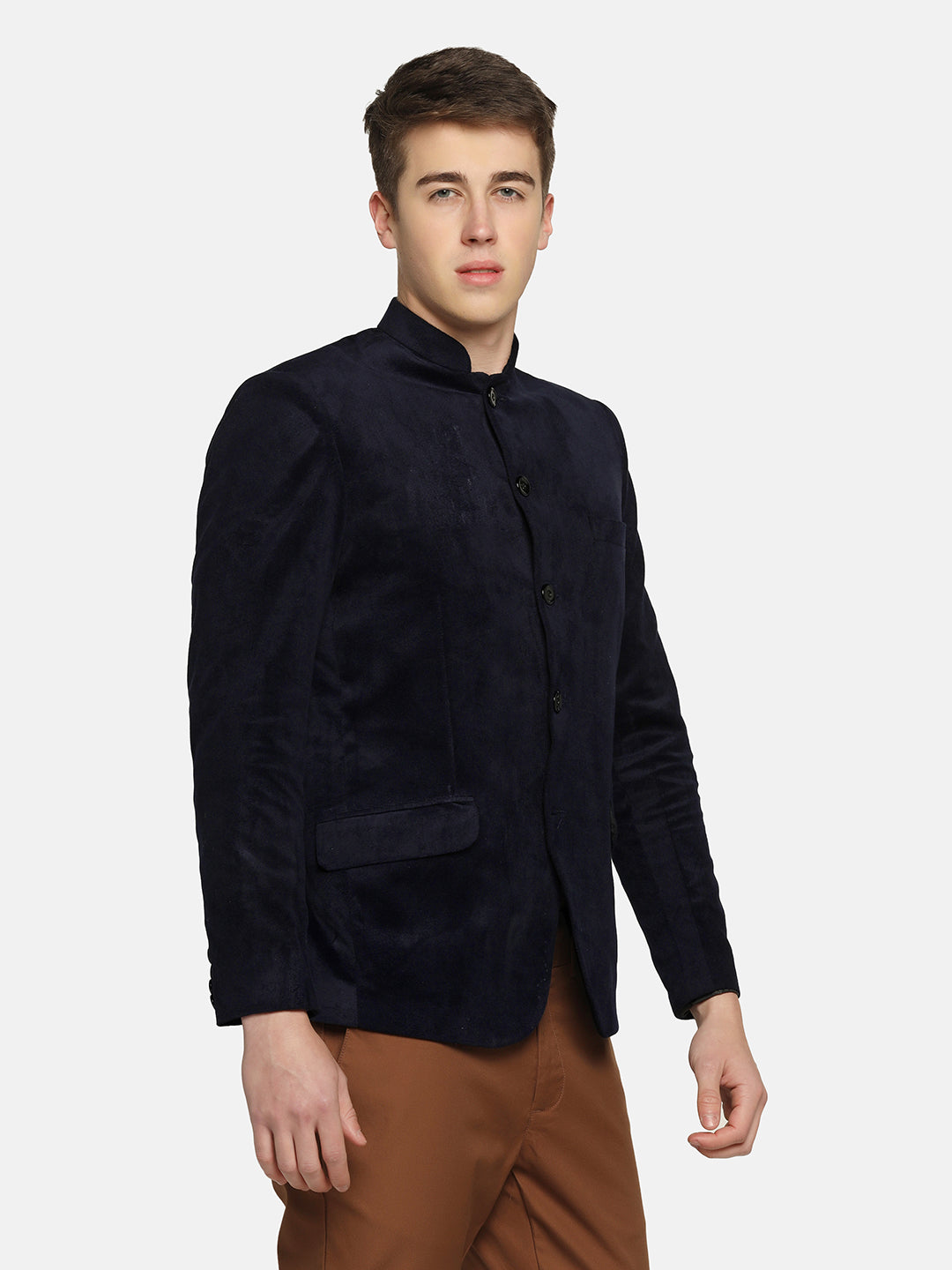 Men Blue Velvet Bandgala Blazer - Tahvo India