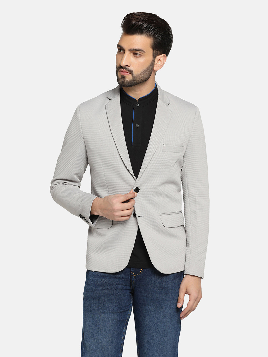 Men Grey stretchable Textured Blazer - Tahvo India