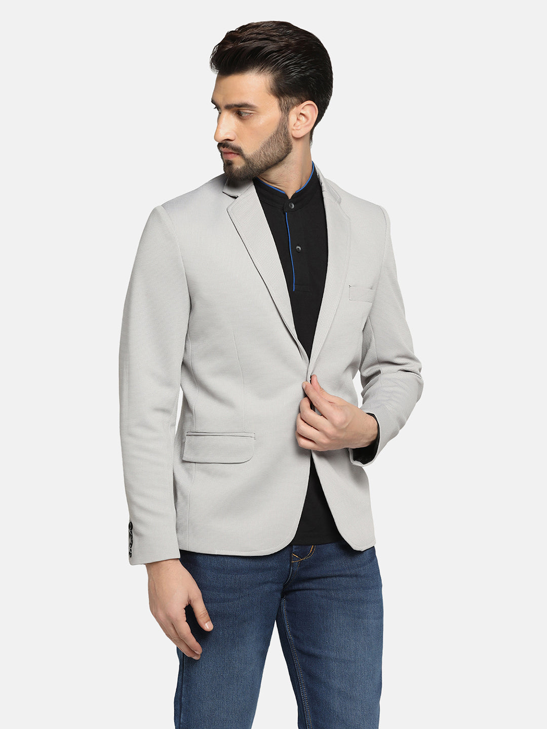 Men Grey stretchable Textured Blazer - Tahvo India