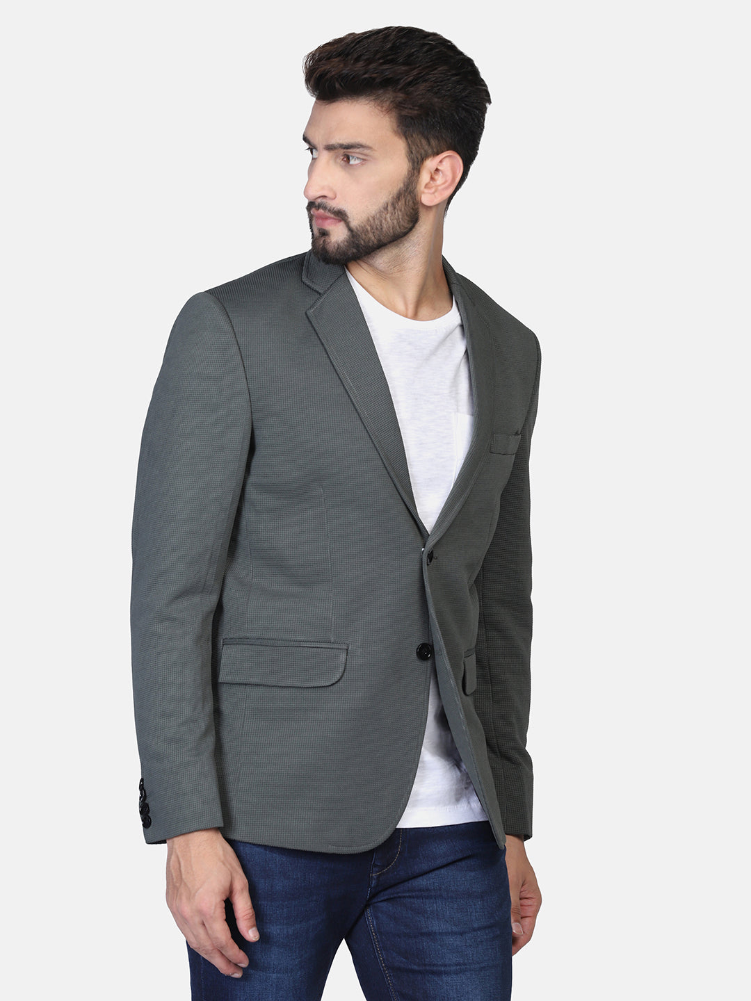 Green Textured Stretchable Blazer - Tahvo India