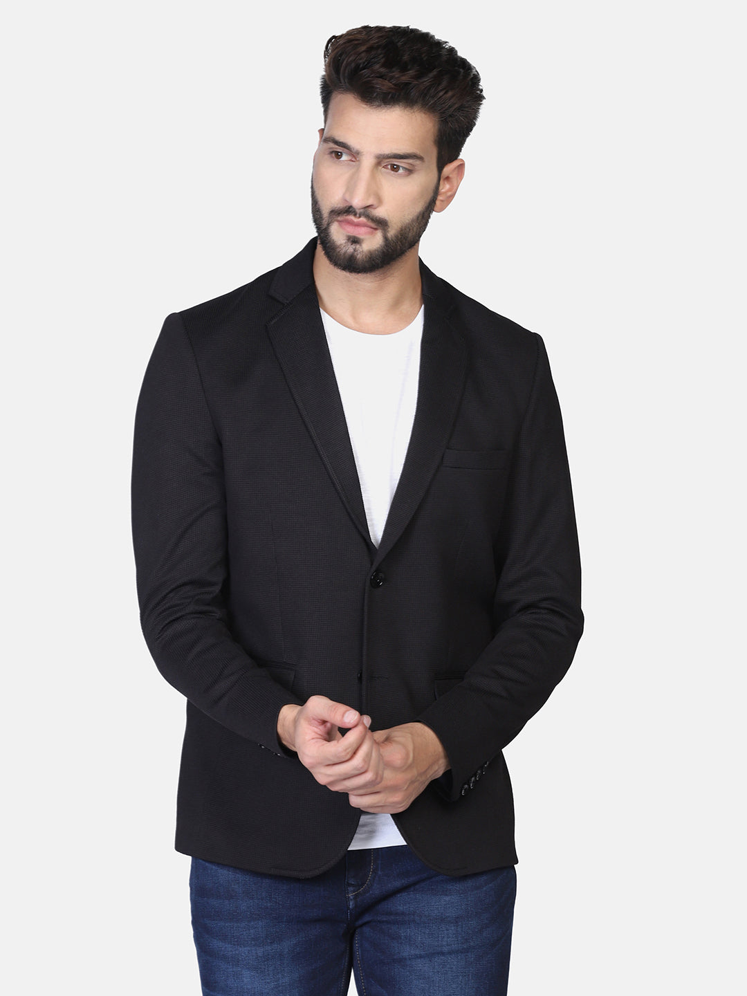 Black Textured Stretchable Blazer - Tahvo India