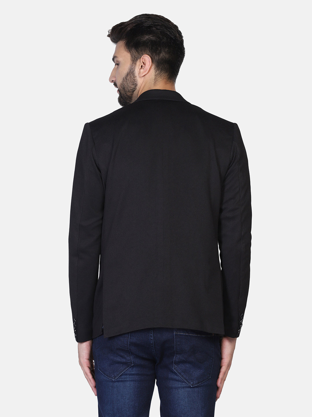 Black Textured Stretchable Blazer - Tahvo India