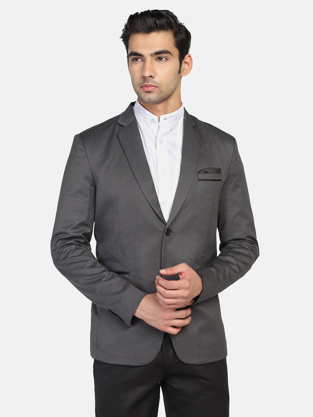 Grey Notched Lapel Blazer With Hanky - Tahvo India