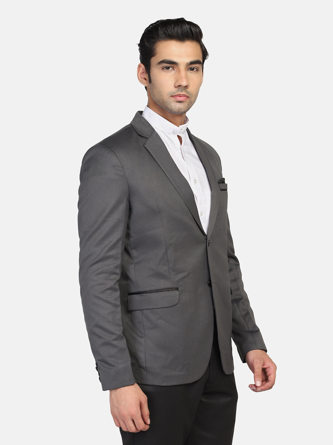 Grey Notched Lapel Blazer With Hanky - Tahvo India