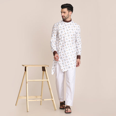TAHVO men white printed kurta pyjama set