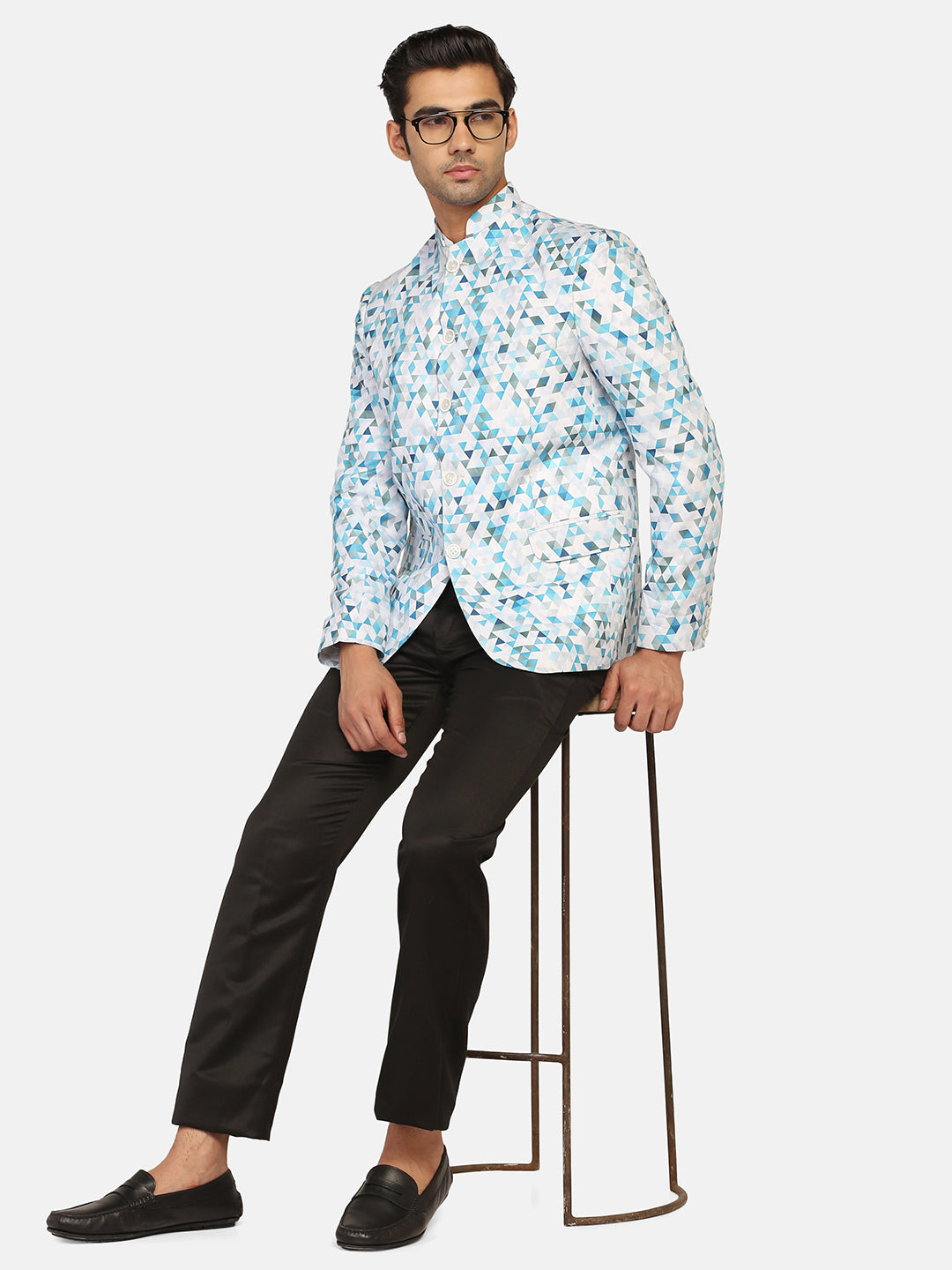 White Printed Bandgala Blazer - Tahvo India