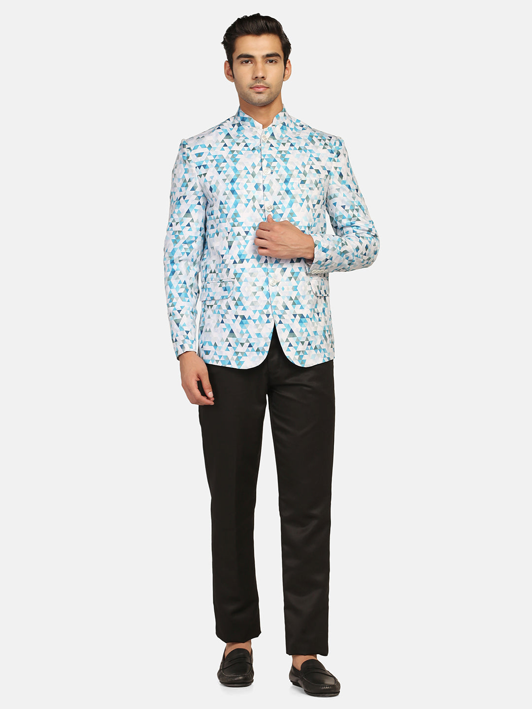 White Printed Bandgala Blazer - Tahvo India