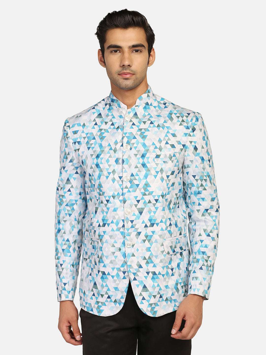 White Printed Bandgala Blazer - Tahvo India