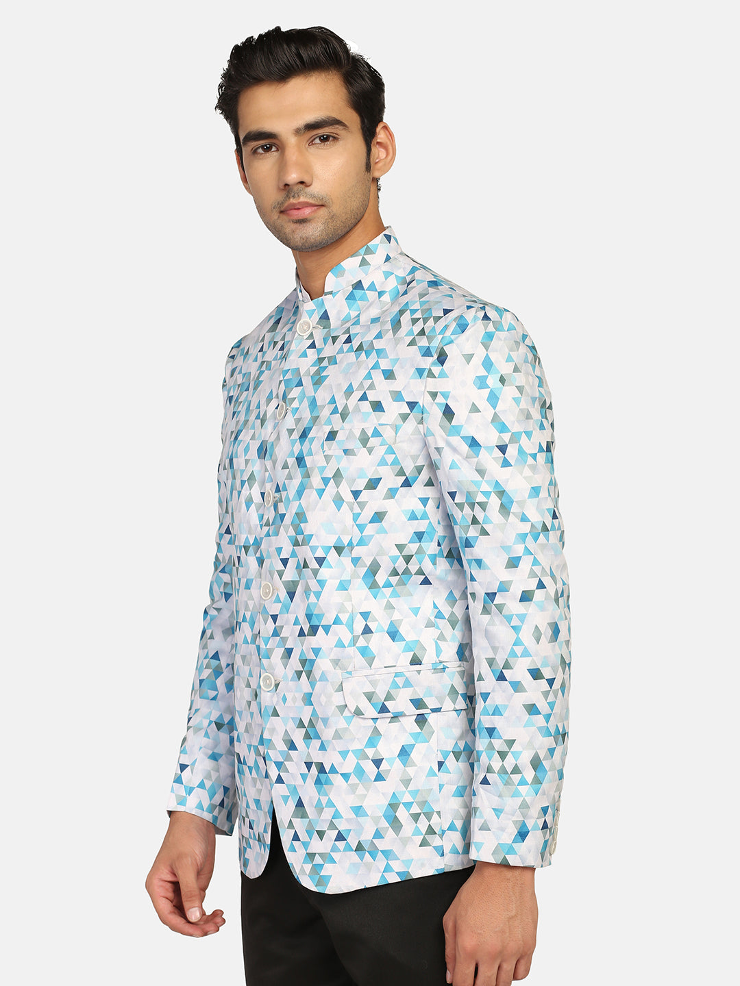 White Printed Bandgala Blazer - Tahvo India