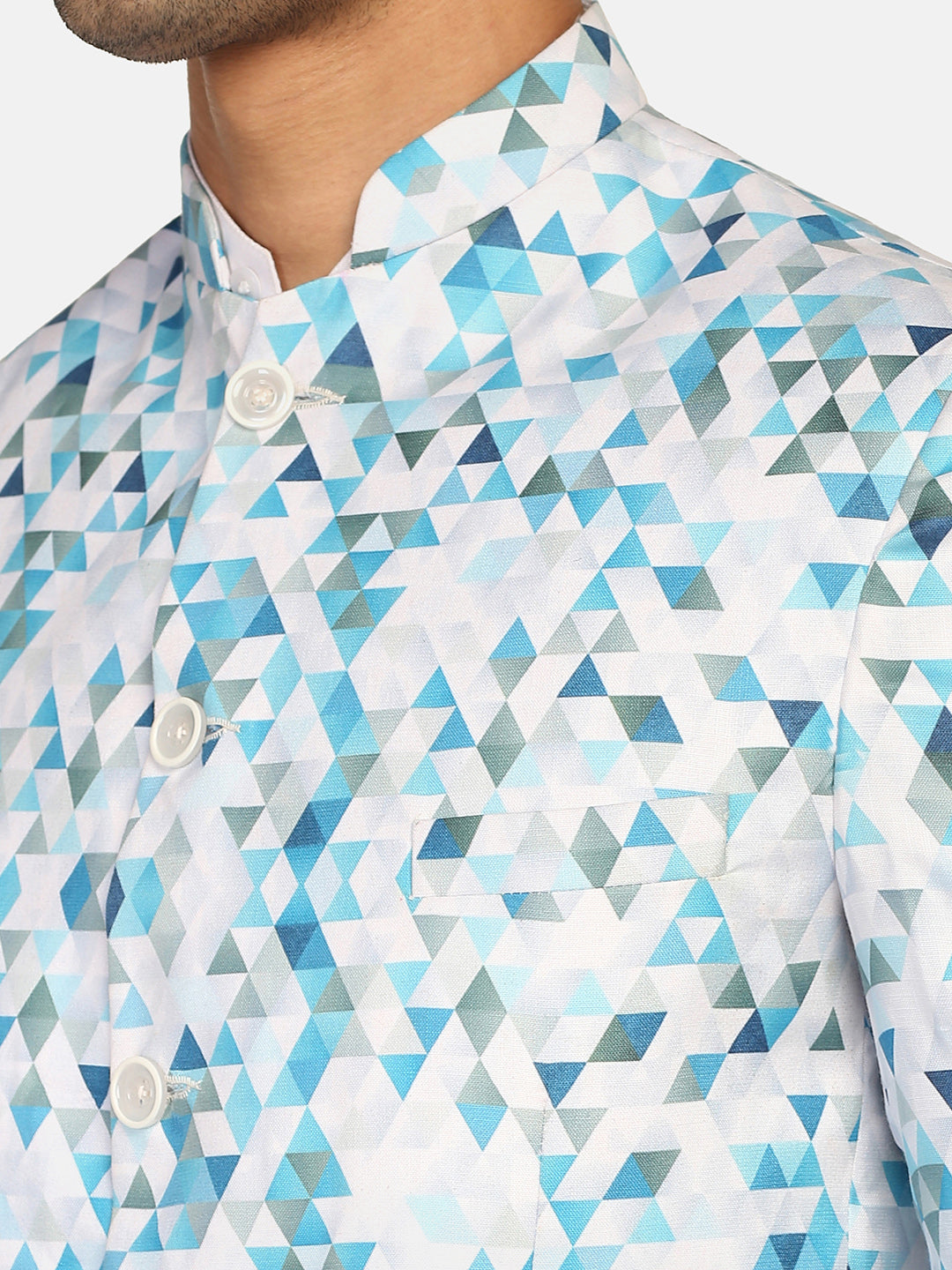 White Printed Bandgala Blazer - Tahvo India
